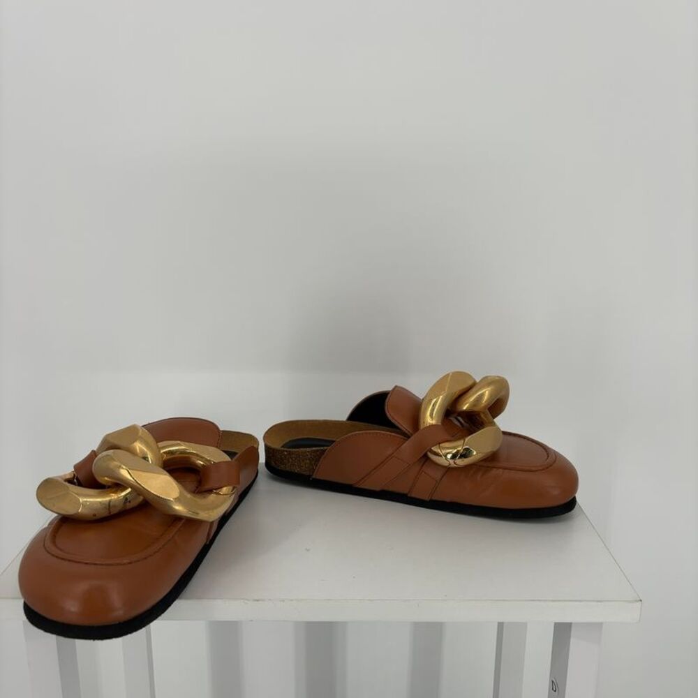 JW ANDERSON Tan Leather Chain-Trim Mules with Gold Hardware